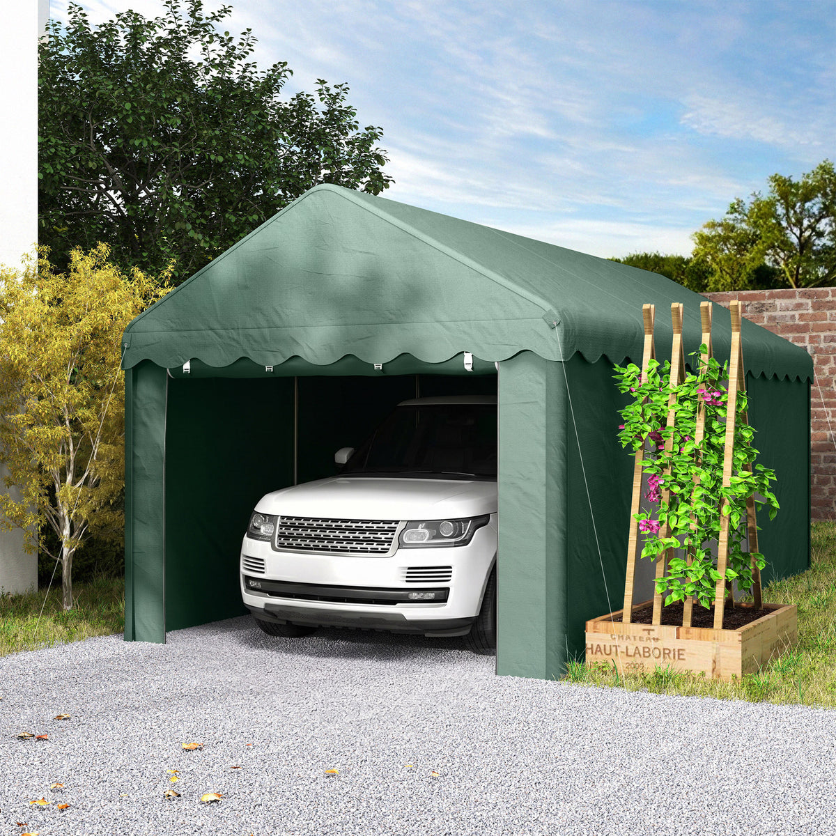3x6 m Tragbarer Carport, Fahrzeugunterstand mit 2 Eingängen, Polyesterdach, für Autos, Boote, Gartengeräte, Dunkelgrün