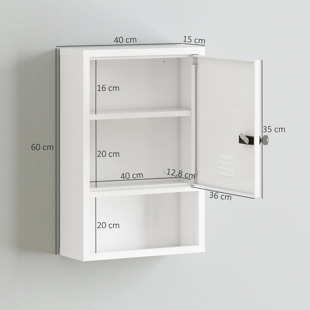 Medizinschrank zur Wandmontage mit Zahlenschloss und Schlüssel, 3-stufig, abschließbar, Weiß