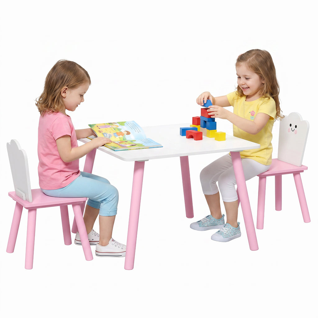 Kindertisch und Stuhl Set 3-teilig, 1 Tisch 2 Stühle, Rosa und Weiß