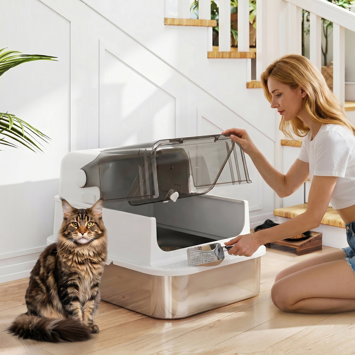 Katzenklo Edelstahl mit Deckel XXL 72L für große Katzen und Mehrere Katzen mit Doppeltüren Schaufel Pedal Anti-Leck