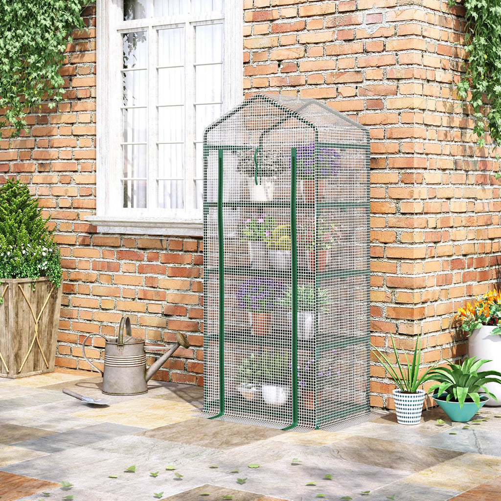 4 Tier Mini Portable Greenhouse Compact Plant Grow Shed Metal Frame PE Cover with Lockable Rolling Wheels, White