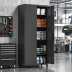 Metal Storage Cabinet, 180 cm Tall Lockable Steel Tool Cabinet with Removable Wheels and Adjustable Shelves, Black