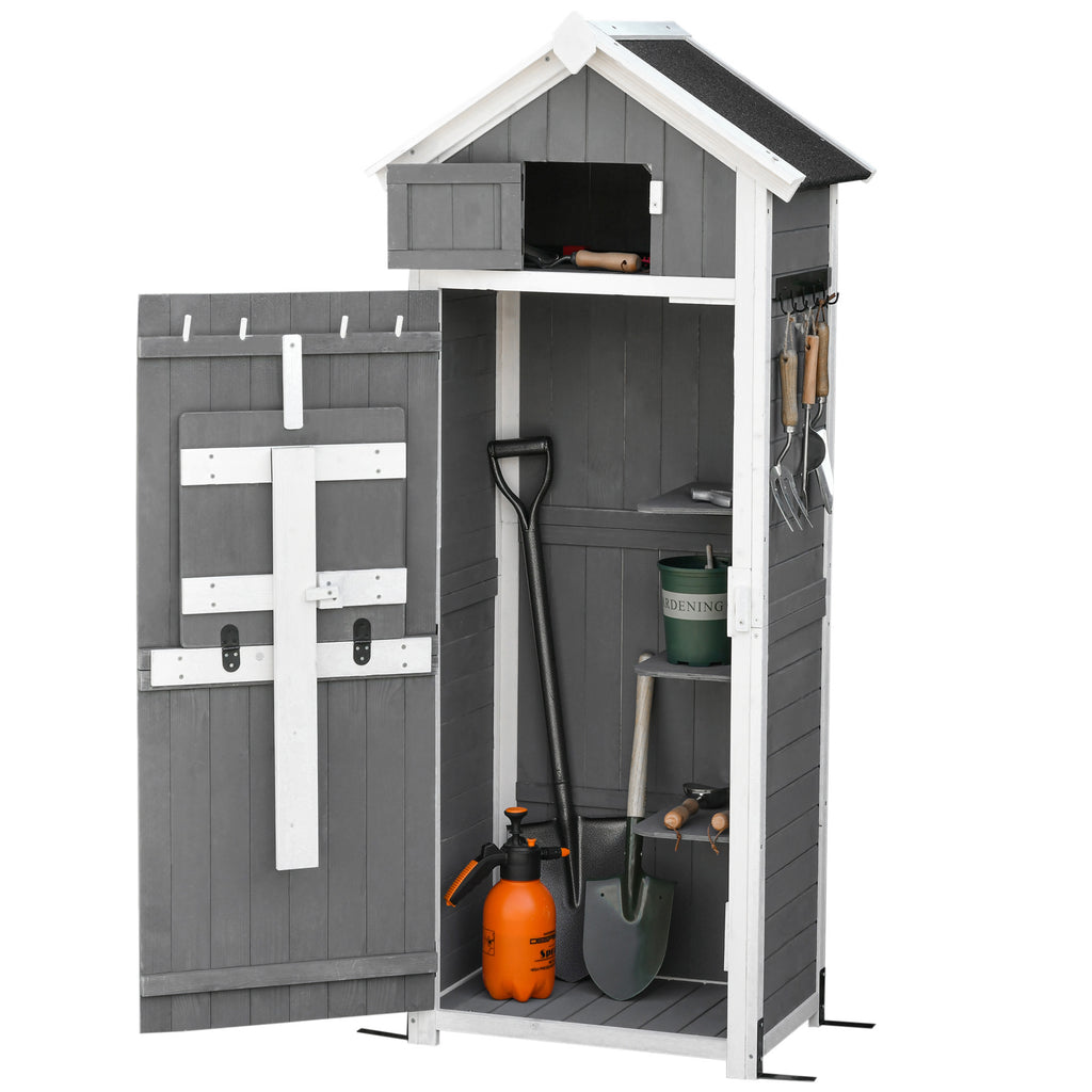 Garden Wood Storage Shed with Workstation, Hooks and Ground Nails Multifunction  Lockable Sheds & Outdoor Storage Asphalt Roof Tool Organizer, 182 x 78 x 52.5cm, Grey