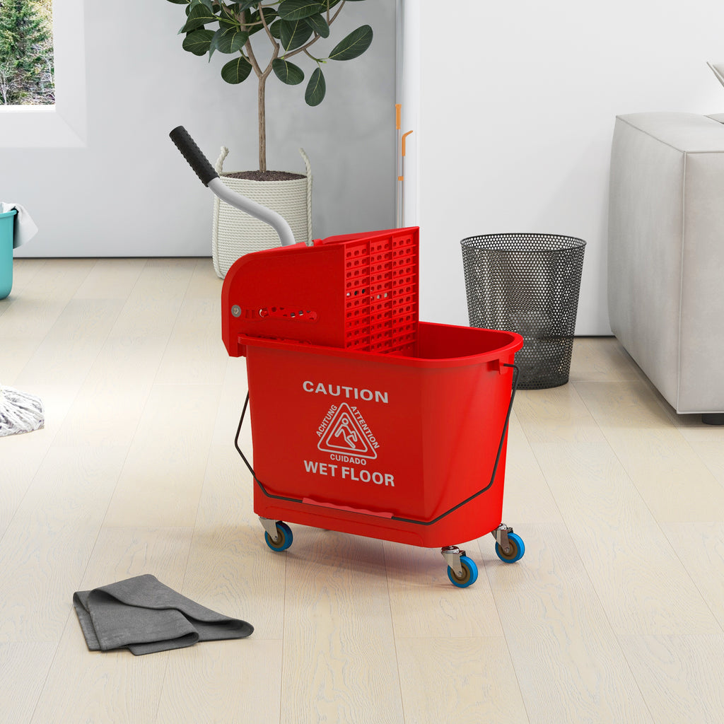 20L Compact Mop Bucket on Wheels, with Water Separation Panel - Red