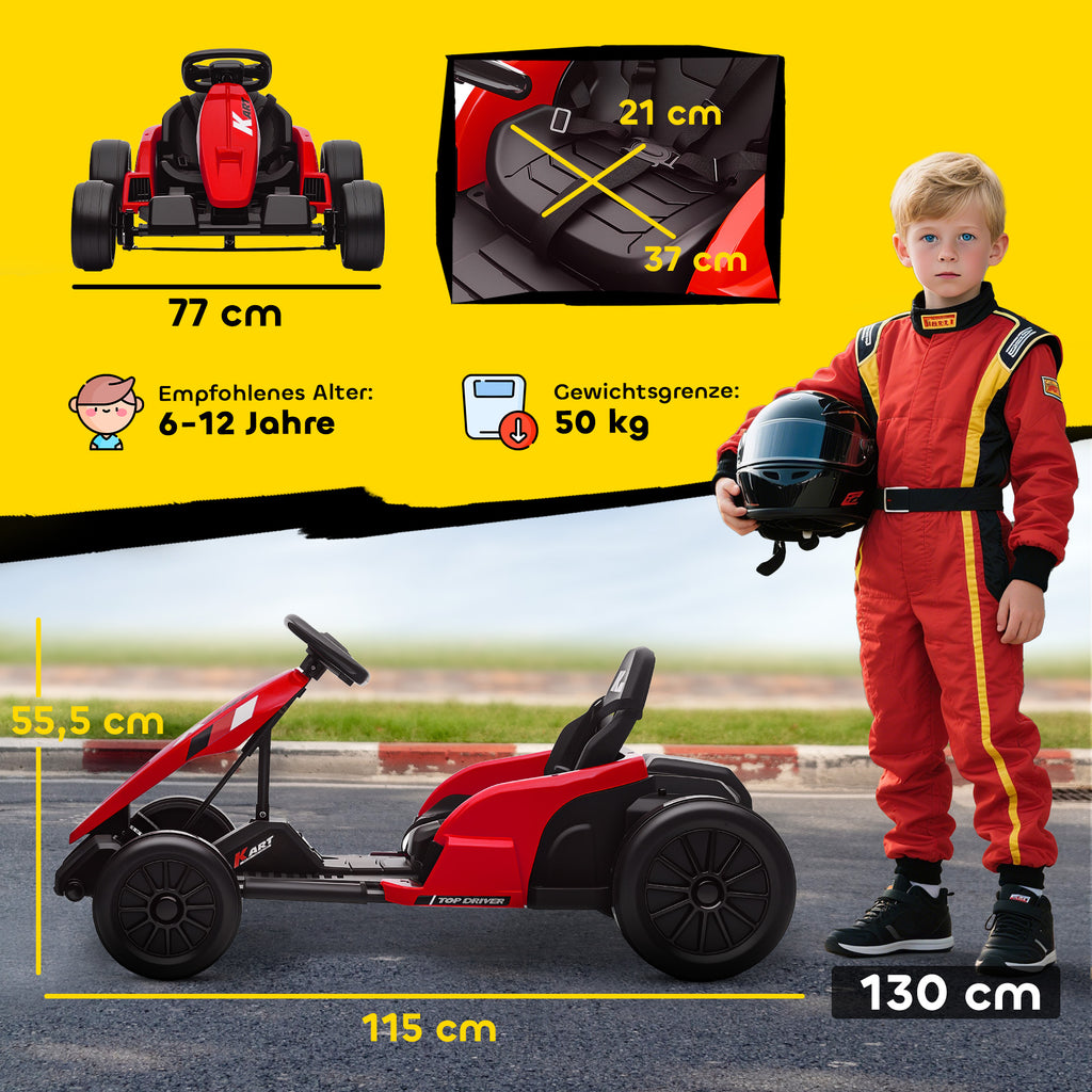 24V Elektrisches Go-Kart, Drift-Modus, verstellbarer Sitz, 5-Punkt-Sicherheitsgurt, Musikfunktion, 6-12 Jahre Rot