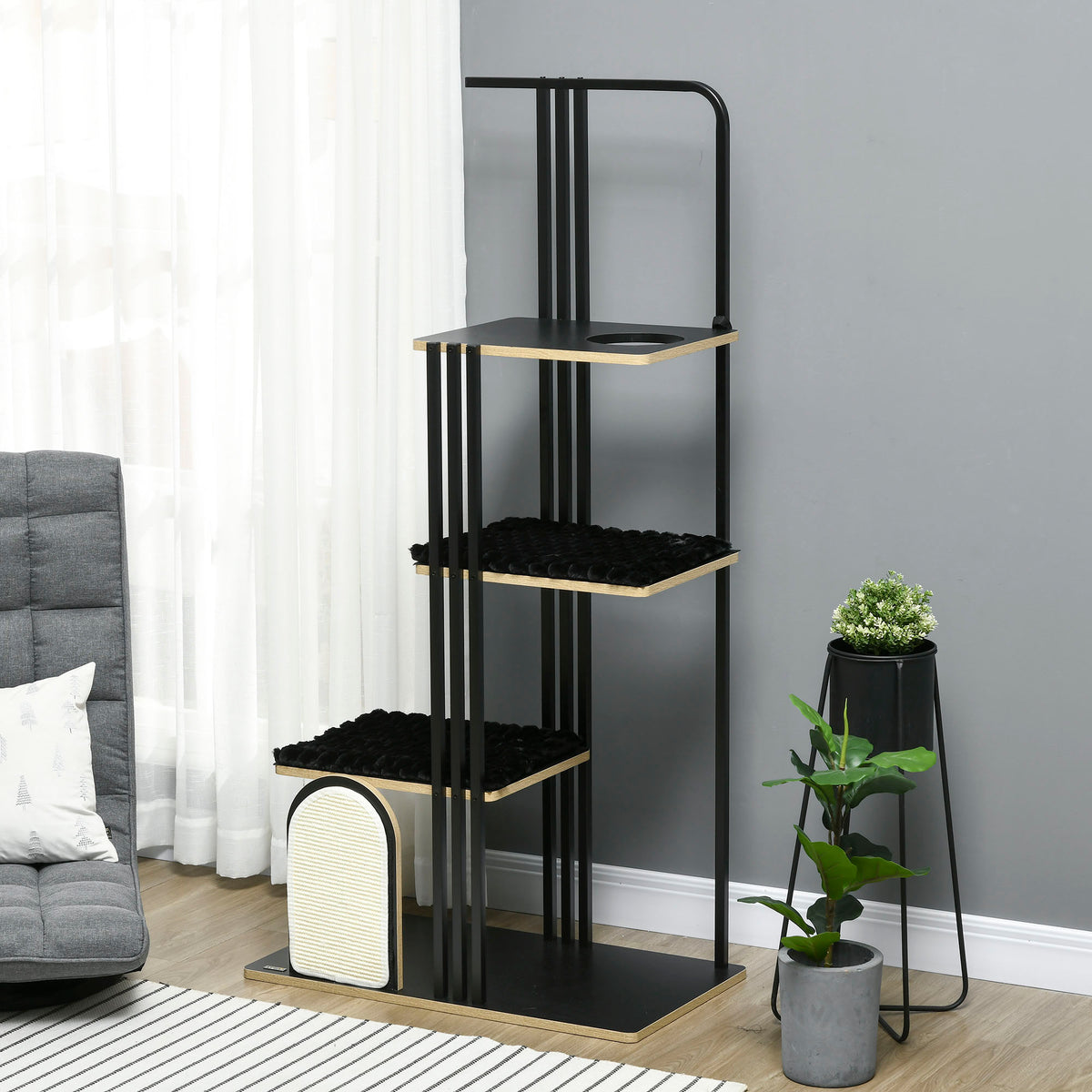 Kratzbaum, Industrial Design, 3 Plattformen, 2 Liegekissen, Kratzwand, Stahlrahmen, schwarz, 85 x 48 x 170 cm