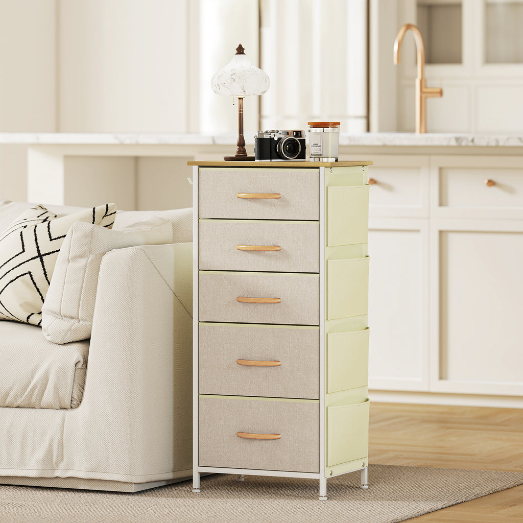 Kommode Schrank mit 5 Schubladen aus Vliesstoff mit Haken Beige