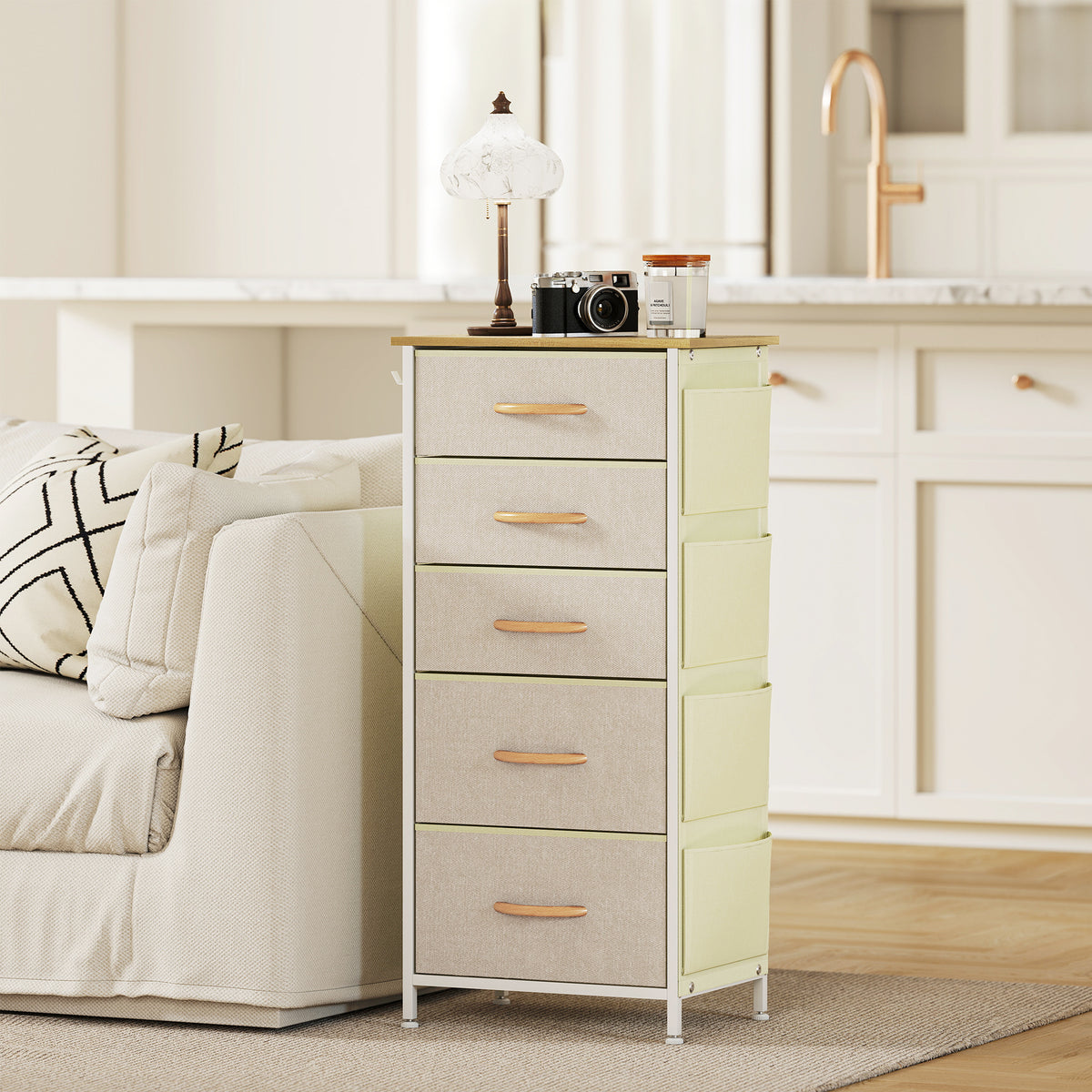 Kommode Schrank mit 5 Schubladen aus Vliesstoff mit Haken Beige