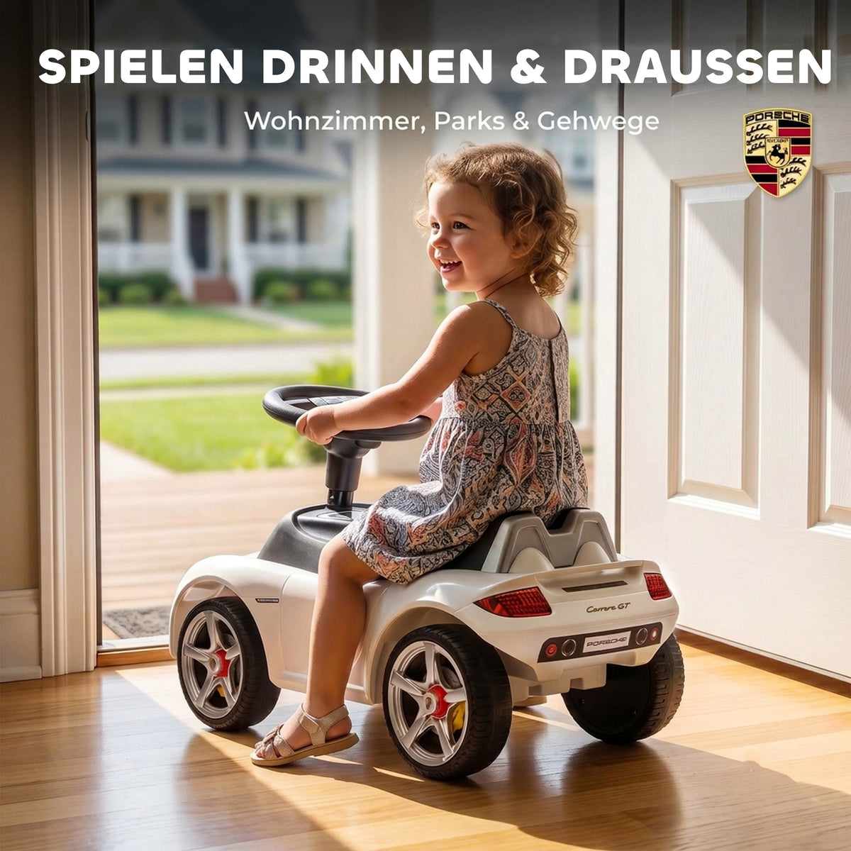 Ride on Car, Porsche Licensed Toddler Push Car with Horn, Headlights, Sound and Steering Wheel for 18-36 Months, White