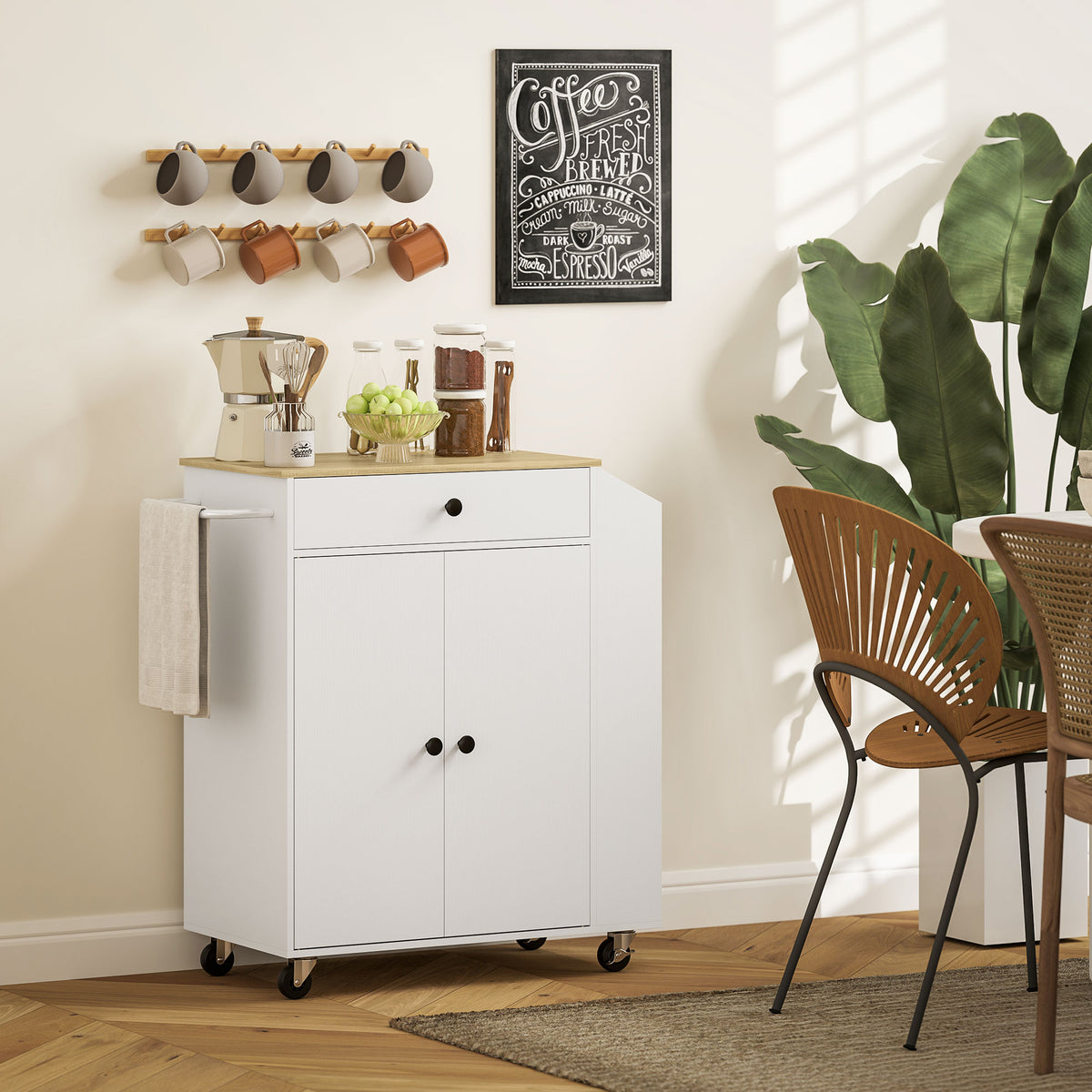 Rolling Kitchen Island with 3-Tier Spice Rack, Kitchen Storage Cart with Drawer and Towel Rack, White