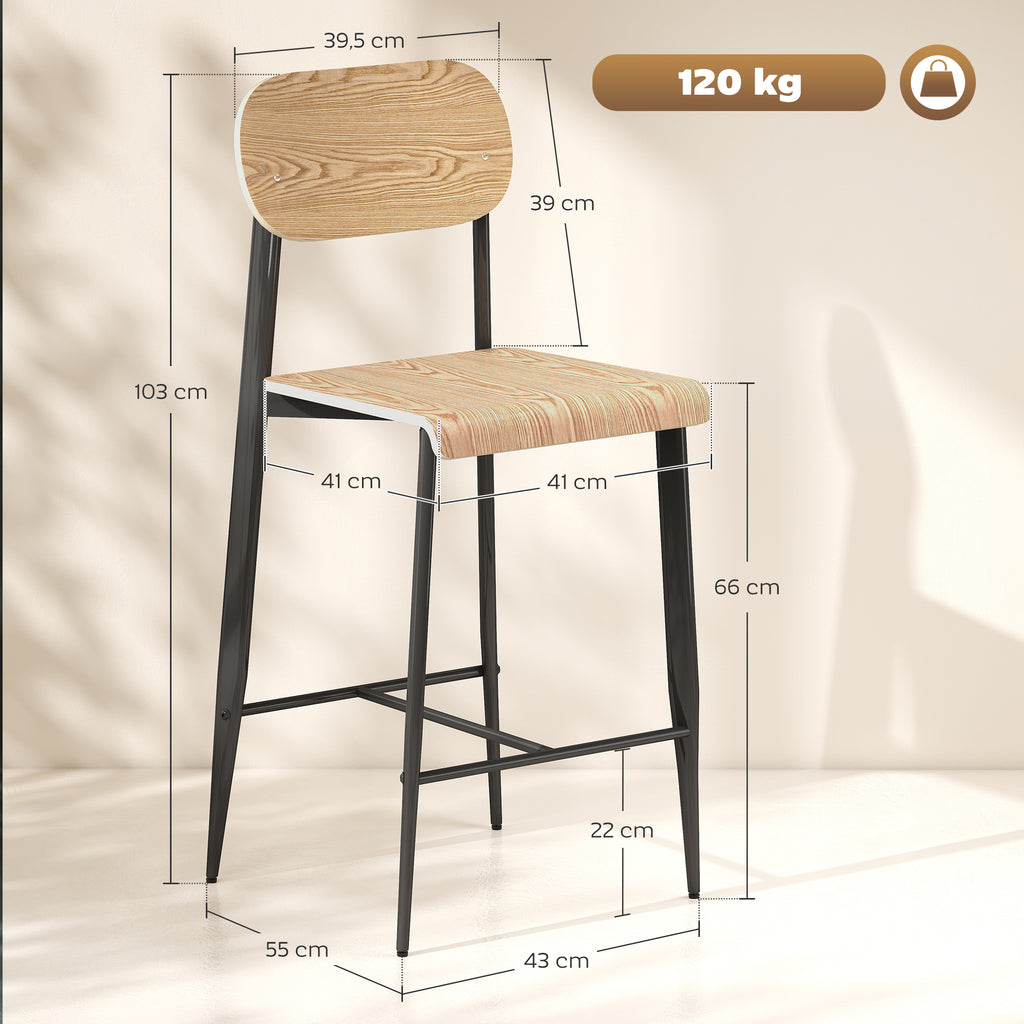 2er-Set Barhocker, Barstühle mit Rückenlehne und Metallgestell, Holz, Hellbraun