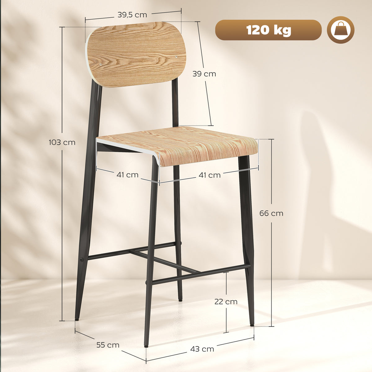 2er-Set Barhocker, Barstühle mit Rückenlehne und Metallgestell, Holz, Hellbraun