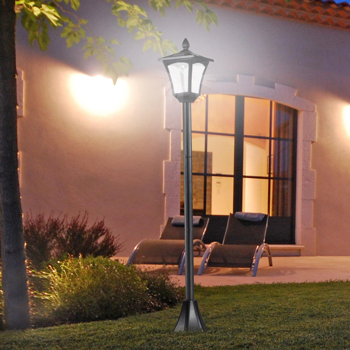 Outdoor Garden Solar Post Lamp Sensor Dimmable LED Lantern Bollard Pathway 1.6M Tall, Black