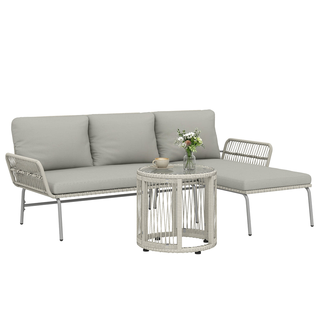 Polyrattan Gartenmöbel Set 3-teilig, Lounge Set mit Chaiselongue Zweisitzersofa Glastisch abnehmbar Kissen