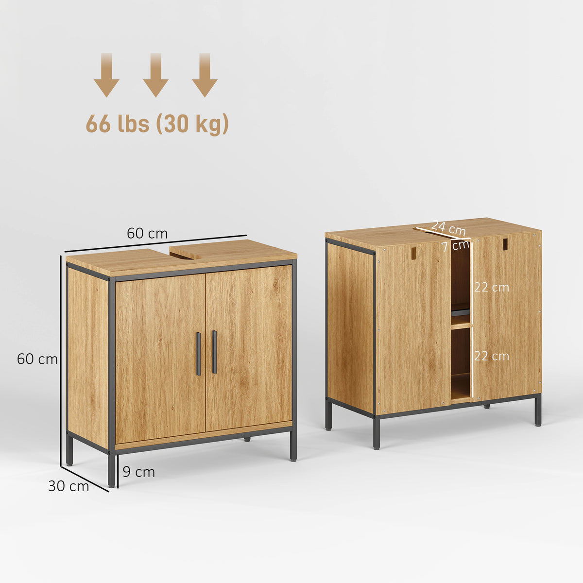 Waschbeckenunterschrank Badezimmer Unterschrank mit 2 Türen, einstellbarem Regal Badezimmerschrank mit Stahlrahmen, für Waschbecken ohne Sockel, Eiche, 60x30x60 cm