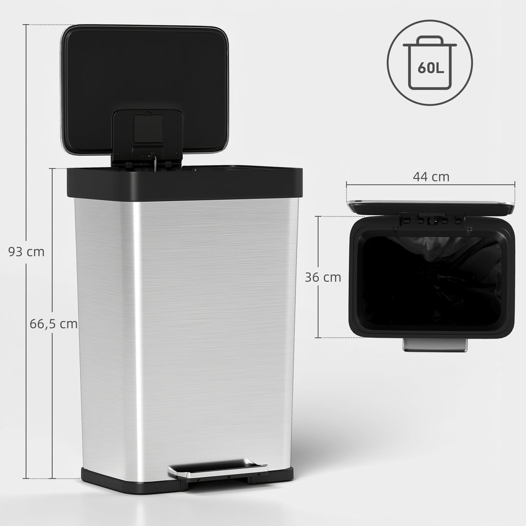 60 L M¨¹lleimer mit Fu?pedal, Edelstahl-Abfalleimer mit sanft schlie?endem Deckel, Silberfarben