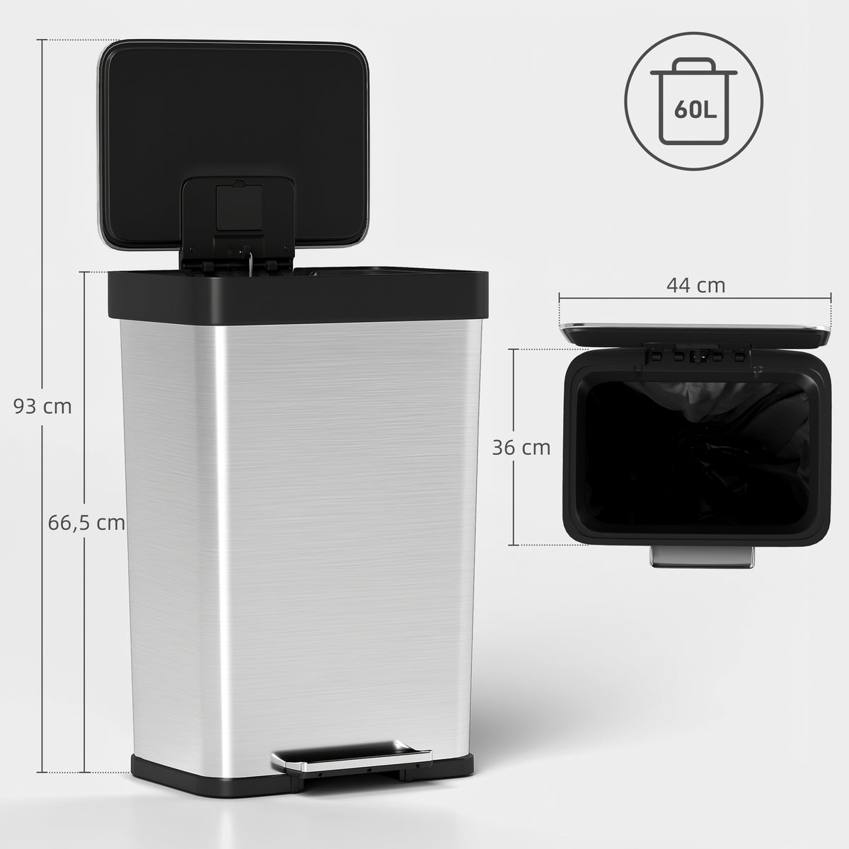 60 L M¨¹lleimer mit Fu?pedal, Edelstahl-Abfalleimer mit sanft schlie?endem Deckel, Silberfarben