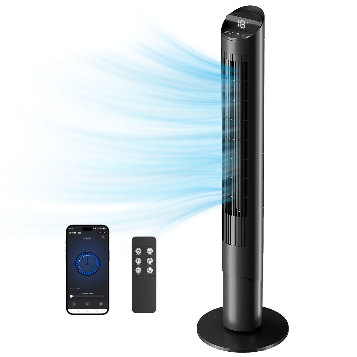 116 cm Turmventilator, Standventilator mit Fernbedienung WiFi App-Steuerung, 65° Oszillation 6 Geschwindigkeiten 4 Modi