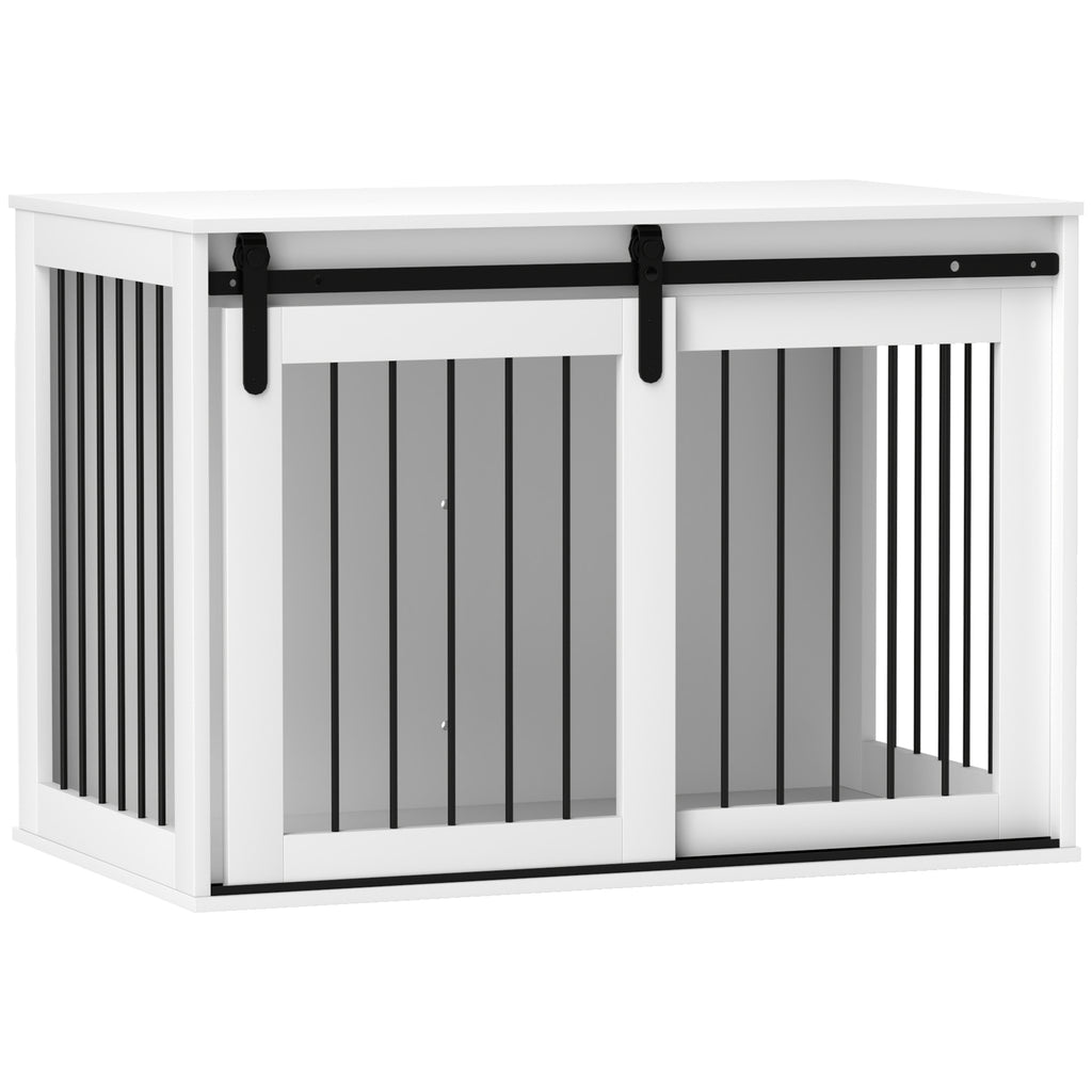 Hundebox mit Schiebetür, Belüftung, Spanplatte und Stahl, 98 x 58 x 61 cm, Walnuss