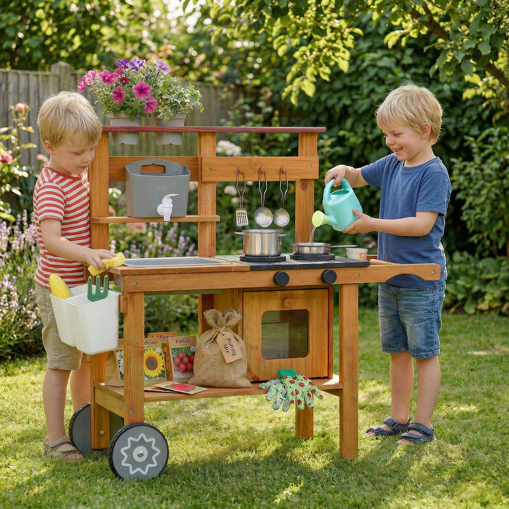 Wooden Mud Kitchen with Wheels, Stove, Faucet, Flower Pots, Stainless Steel Accessories for Toddlers 3-6, Brown