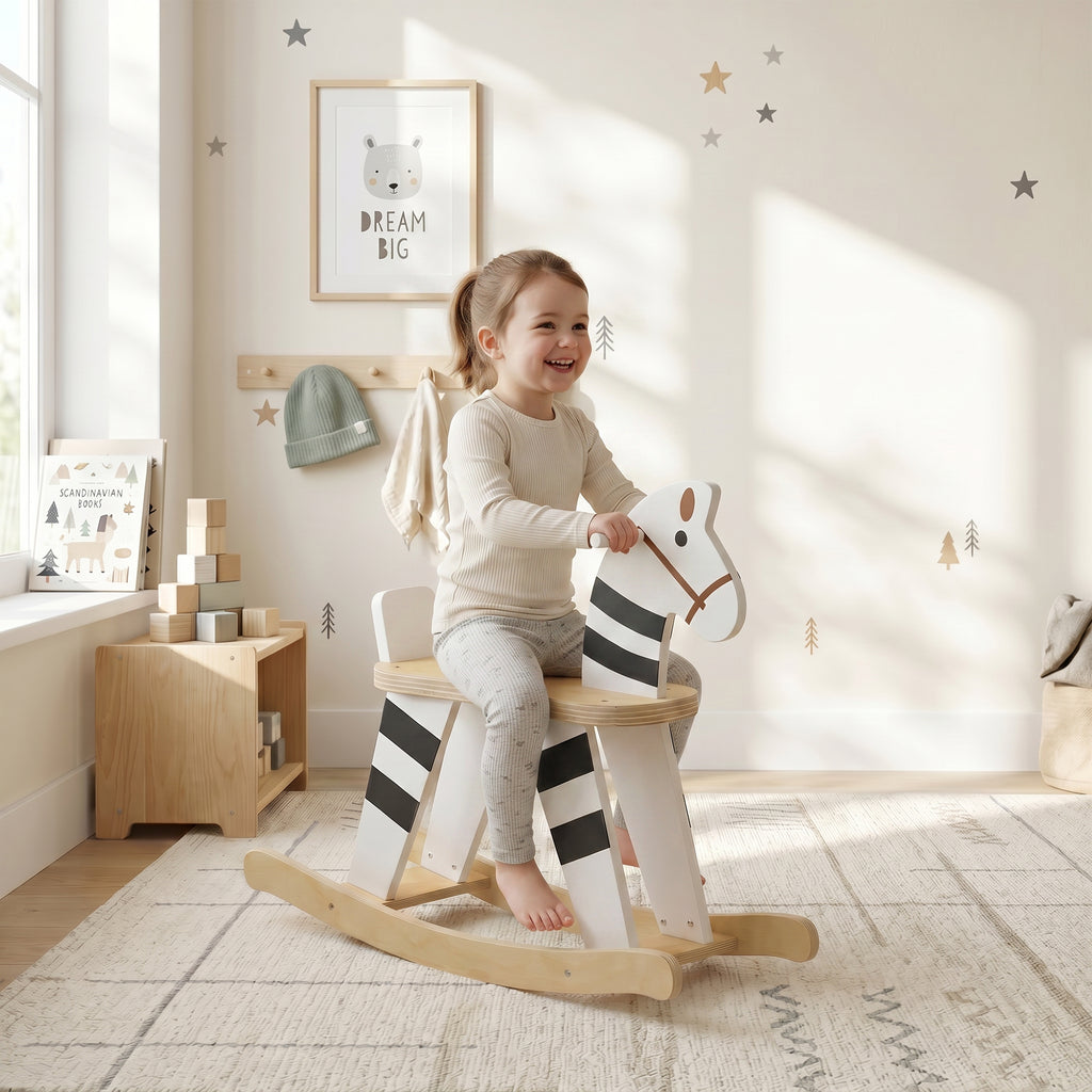 Schaukelpferd, Kinder Schaukeltier mit Haltegriffen Rückenlehne im Ponyform für Kinder von 1,5–3 Jahren Schwarz+Weiß
