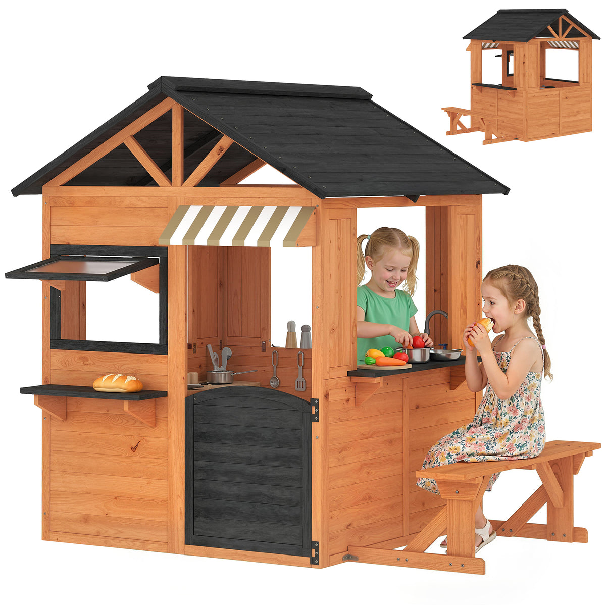 Kinderspielhaus Holz Spielhaus Outdoor mit Küche Bank Verkaufstheke Fenster Tür für 3-8 Jahre 171,5 x 146 x 156 cm Braun