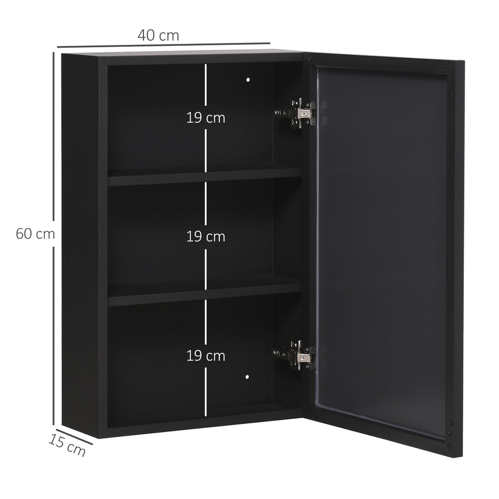 Spiegelschrank, 3 Regalf?cher, weiche Scharniere, Stahlgeh?use, schwarz, 40 x 15 x 60 cm