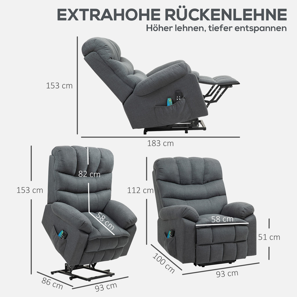 Aufstehsessel, elektrischer Liegesessel mit Massagefunktion, Polstersessel mit Aufstehfunktion, Metall, Stoff, Grau