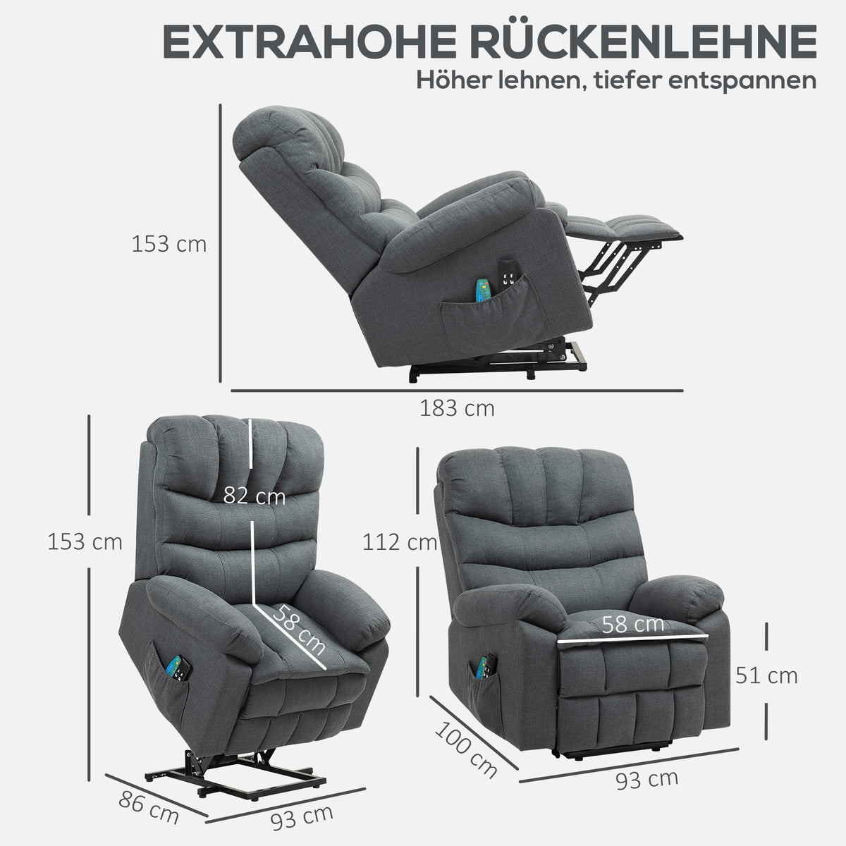 Aufstehsessel, elektrischer Liegesessel mit Massagefunktion, Polstersessel mit Aufstehfunktion, Metall, Stoff, Grau