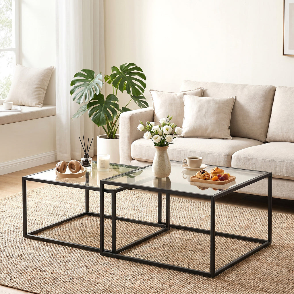 Couchtische 2er-Set Satztisch mit gehärteter Glasplatte und Metallrahmen, für Wohnzimmer Schwarz