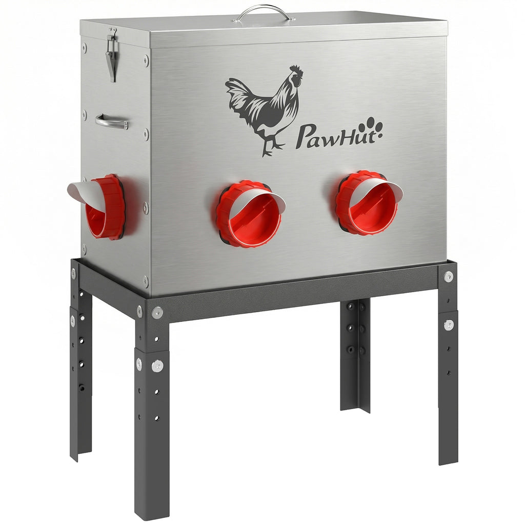 Futterautomat Hühner 18 kg Füllmenge mit abschließbarer Deckel verstellbarer Beine 6 Öffnungen 42x25x55,5 cm Silber