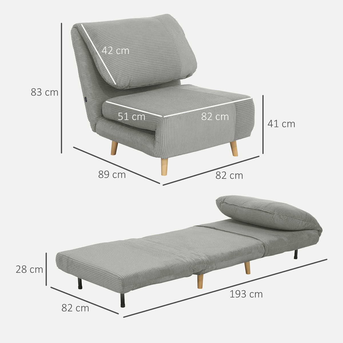 2-in-1 Schlafsessel G?stebett, verstellbare  Kopfst¨¹tze Cord-Optik 82 cm x 87 cm x 89 cm Grau