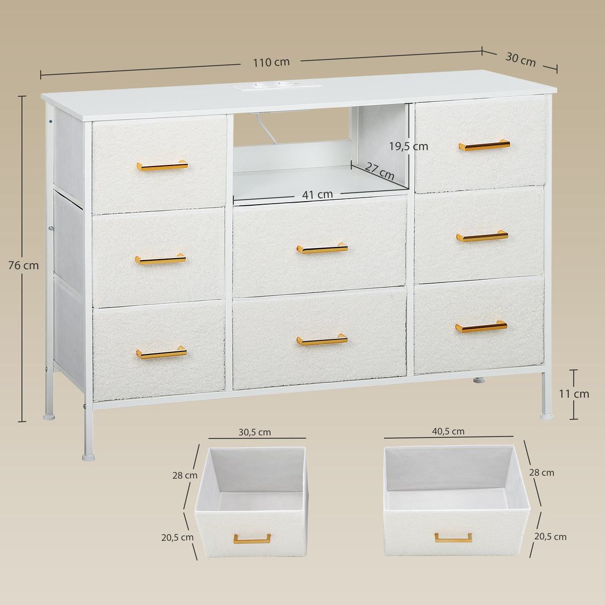 Kommode, Aufbewahrungsschrank mit 8 Schubladen aus Stoff, Steckdosenleiste, Stahlrahmen, Schubladenschrank f¨¹r Flur, Schlafzimmer, Wohnzimmer und B¨¹ro, Cremewei?