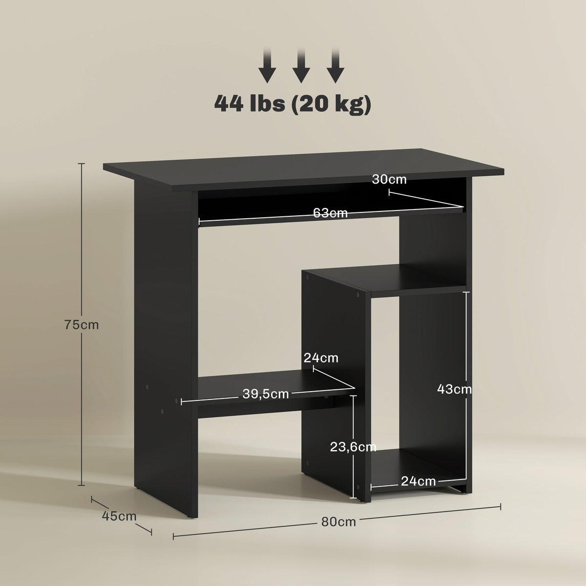 Computertisch, Schreibtisch, Spanplatte, Metall, 80 x 45 x 75 cm, Schwarz