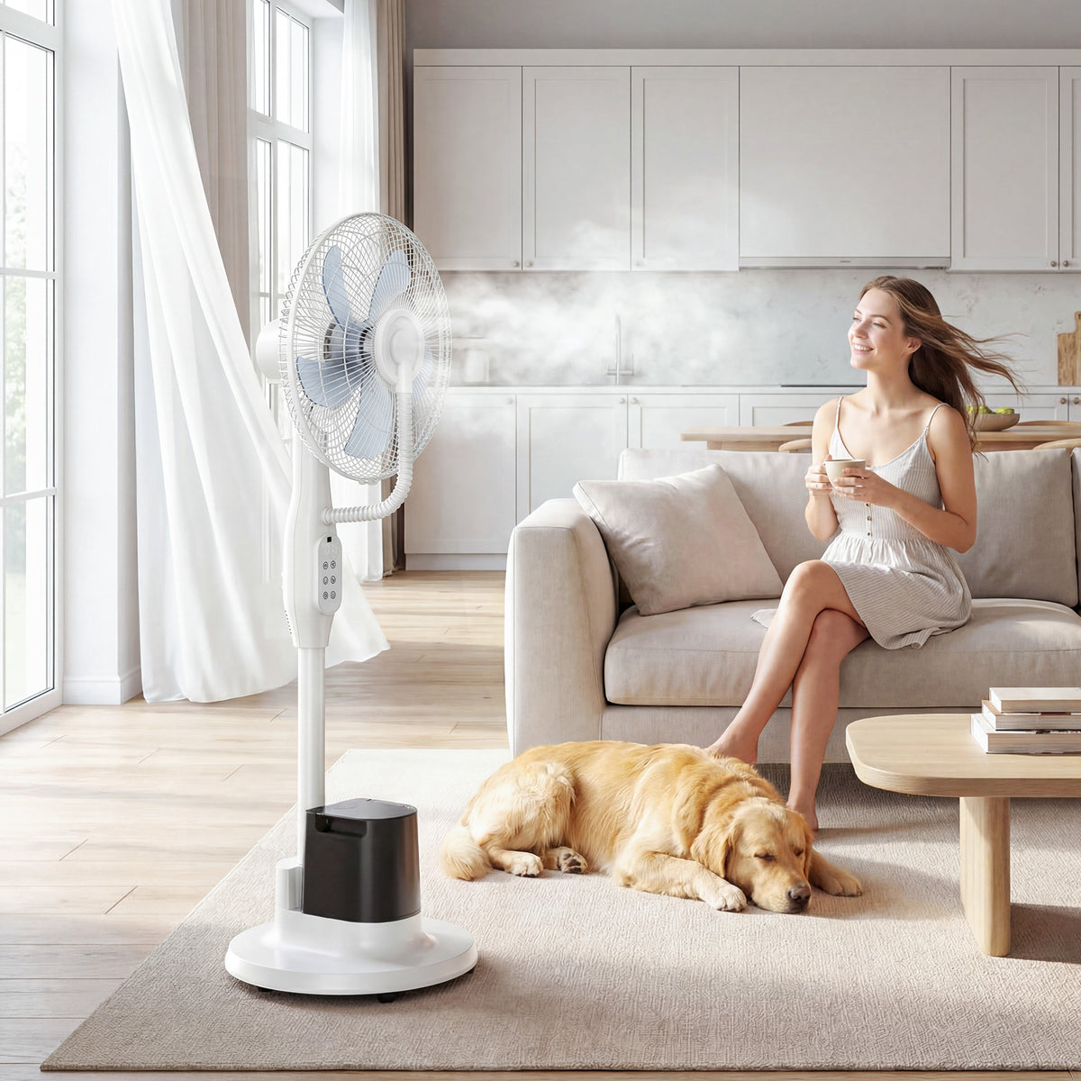 Stehventilator mit Sprühnebel, 70° Oszillation, 3 Geschwindigkeiten, 3 Modi, 3,5L Wassertank, Weiß
