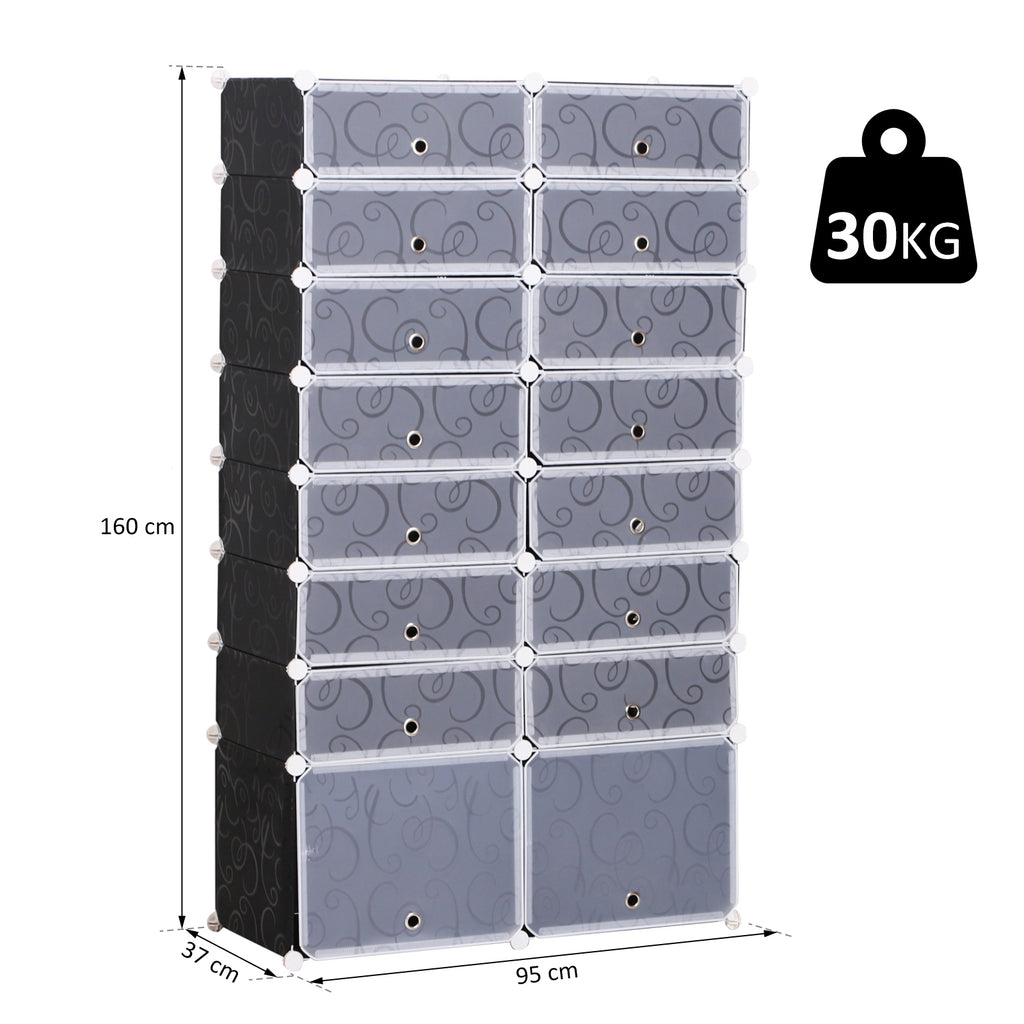  16 Cube Shoe Rack, 2 x 8 Tier Shoe Storage Cabinet, Modular Plastic Shelves for Bedroom, Living Room and Entryway, Space Saving Footwear Organizer, 32 Pairs, White and Black