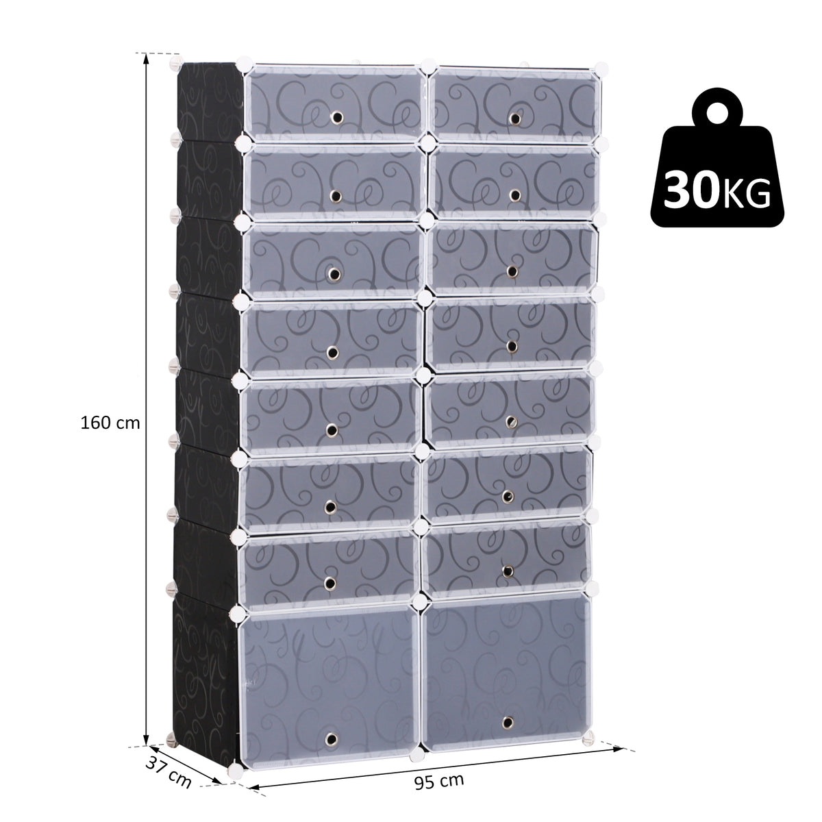  16 Cube Shoe Rack, 2 x 8 Tier Shoe Storage Cabinet, Modular Plastic Shelves for Bedroom, Living Room and Entryway, Space Saving Footwear Organizer, 32 Pairs, White and Black