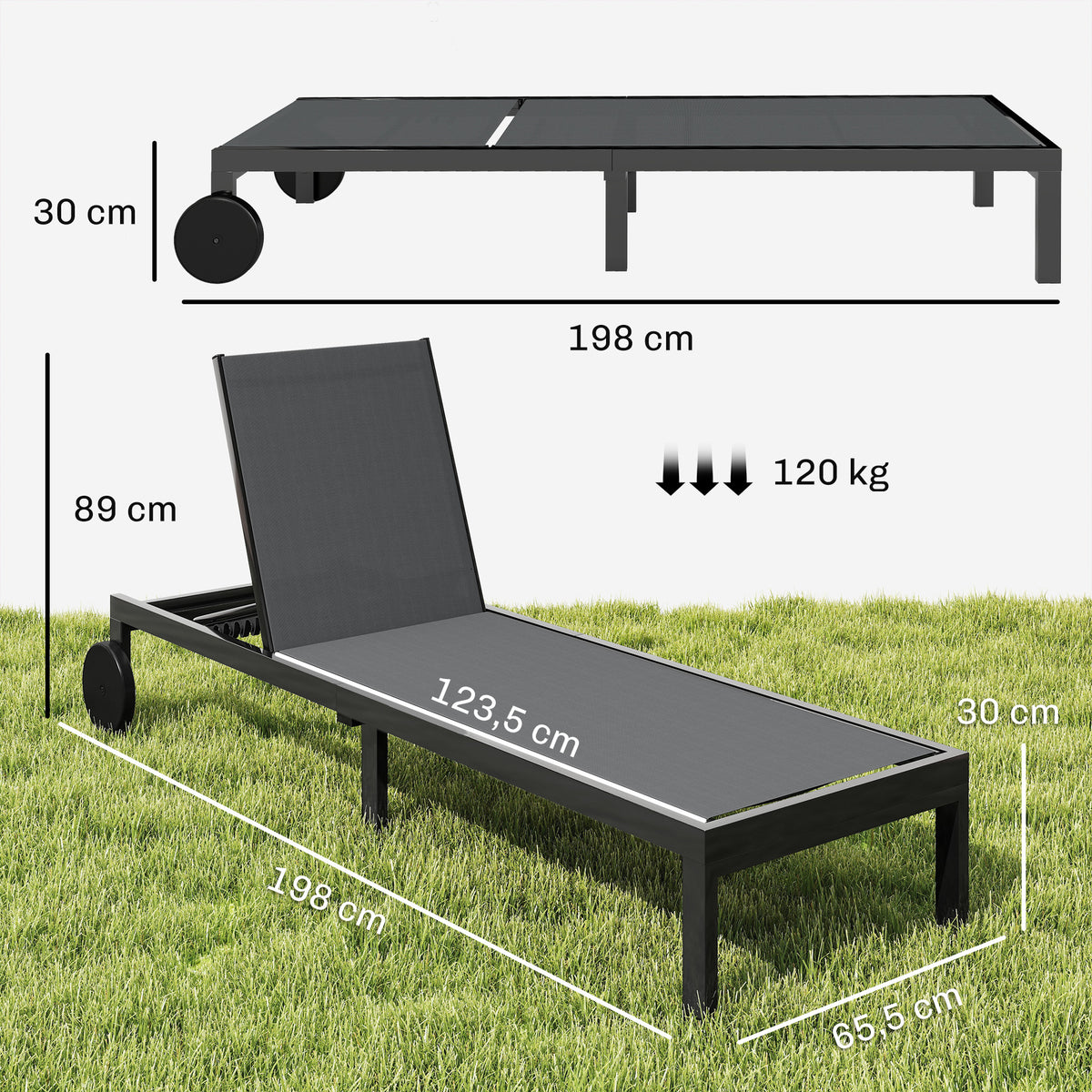 Sonnenliege Atmungsaktive Gartenliege mit 6-fach Verstellbar Rückenlehne Rädern Aluminiumrahmen