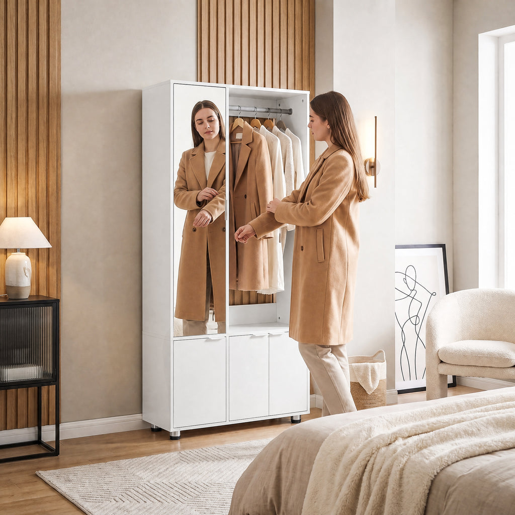 Kleiderschrank mit Spiegel, schmaler moderner Garderobenschrank mit Kleiderstange und Ablagefächern, Weiß