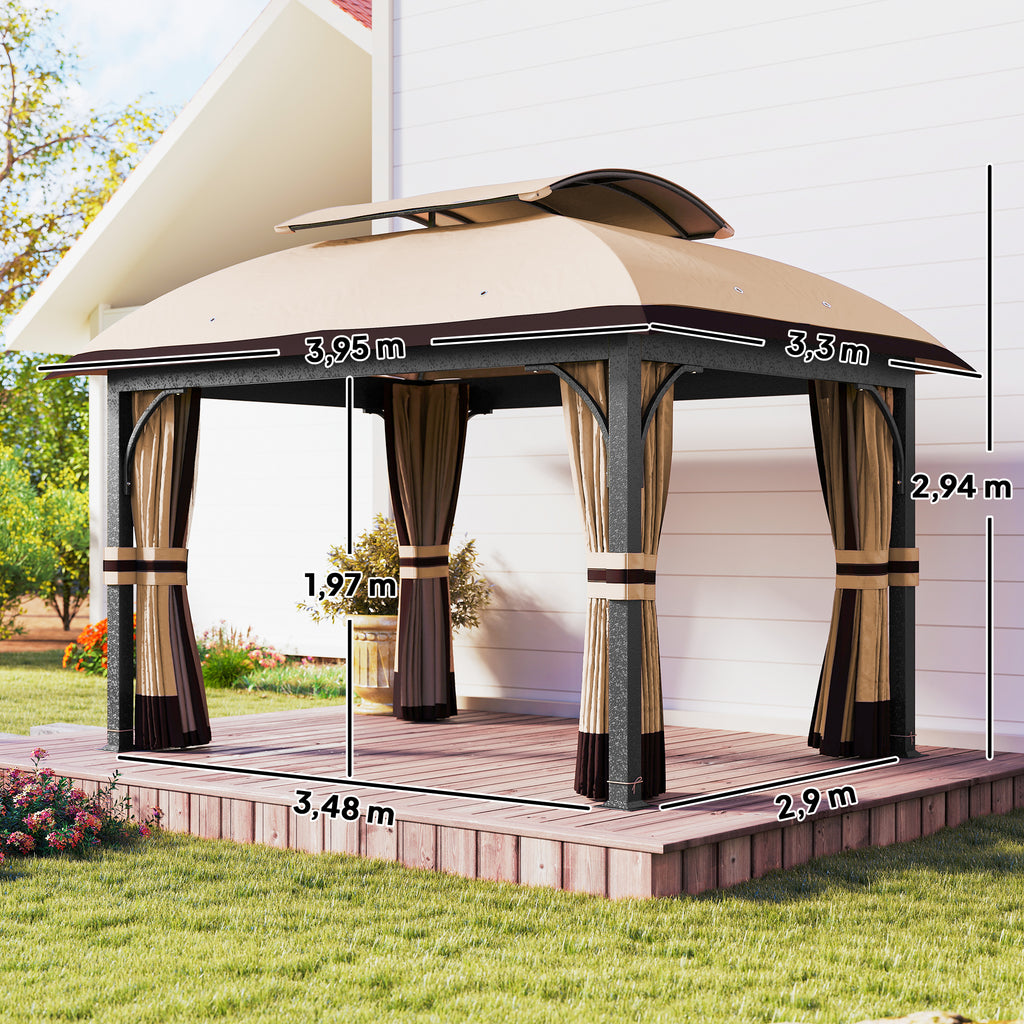 Gartenpavillon, 3,3 x 4 m Gartenzelt mit Netz-Vorhängen, zweistufiges Dach, Kunstleder-Bezug, Metallrahmen, Khaki
