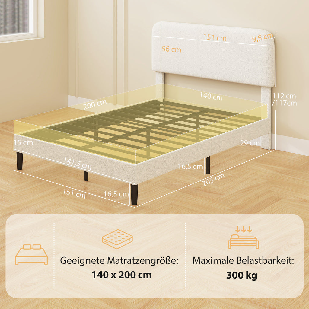 Bett 140x200 cm Bettgestell mit verstellbarem gepolstertem Teddy-Fleece-Kopfteil, einfache Montage, Weiß