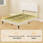 Bett 140x200 cm Bettgestell mit verstellbarem gepolstertem Teddy-Fleece-Kopfteil, einfache Montage, Weiß