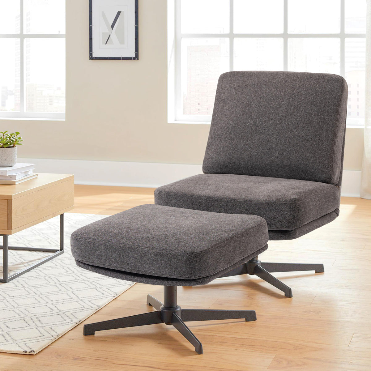 Sessel mit Hocker Drehbar Loungesessel mit Leinenoptik für Wohnzimmer Dunkelgrau