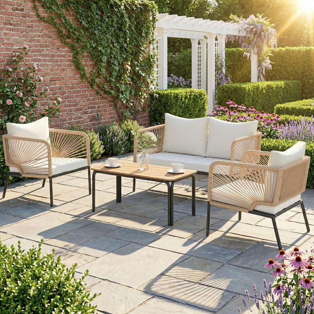 Gartenmöbel Set Sitzgruppe für 4 Personen Gartenlounge mit 2er Sofa 2 Sessel Lamell-Tisch Seilflecht waschbar Sitzkissen