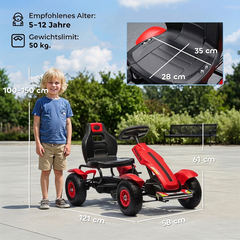 Gokart Tretauto mit Handbremse, verstellbarem Sitz, Vor- und Rückwärtsgang, bis 50kg für Kinder 5-12 Jahren Rot