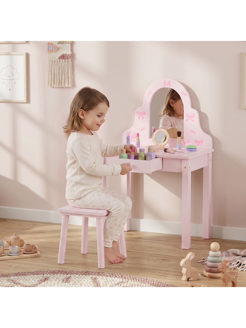 Kinder Schminktisch Set 2 in 1 mit Hocker für Mädchen 3-6 Rosa