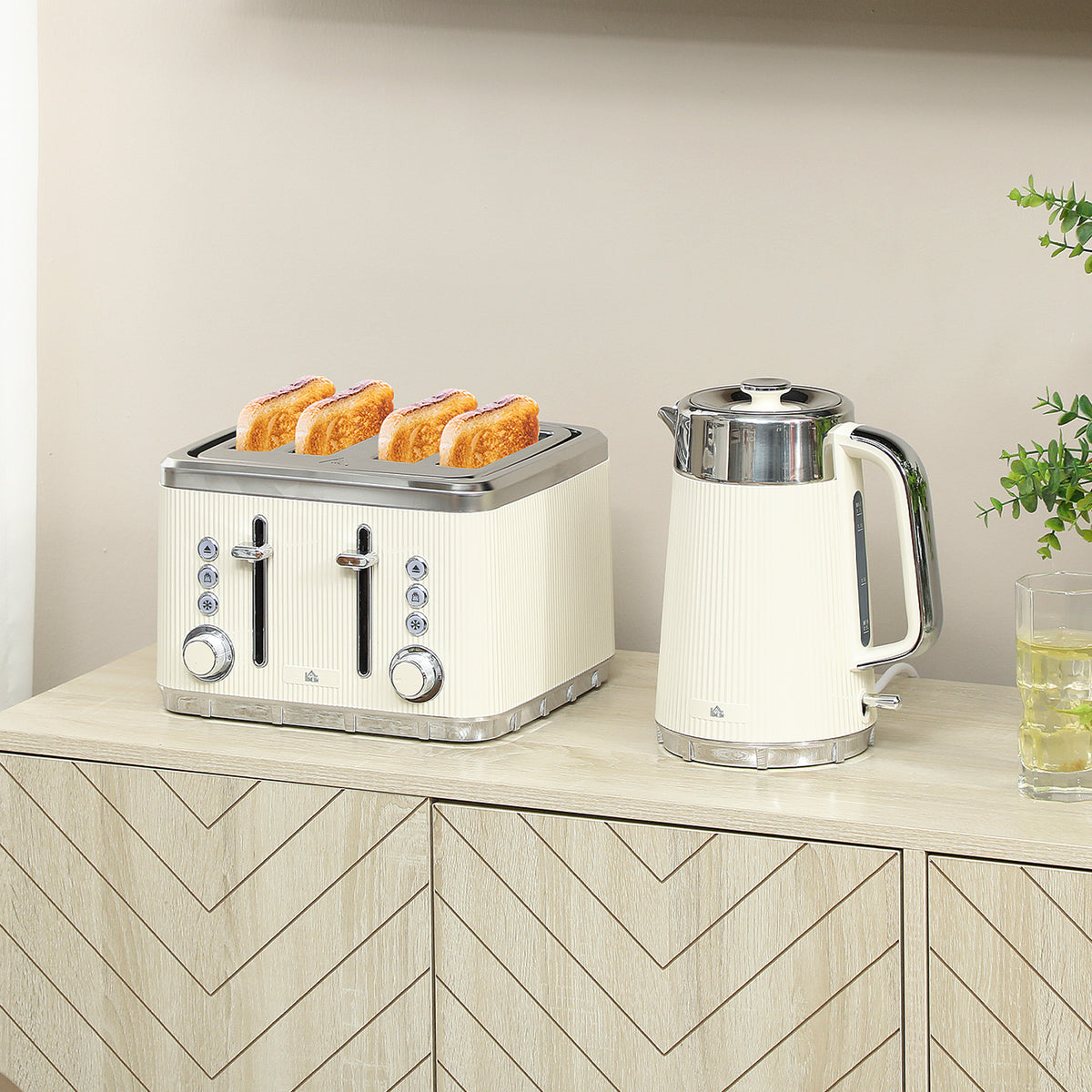 2200W, 1,7L Wasserkocher mit Schnellkochfunktion, Entkalkungsfilter und 4-Scheiben-Toaster mit 7 Br?unungsstufen, Creme