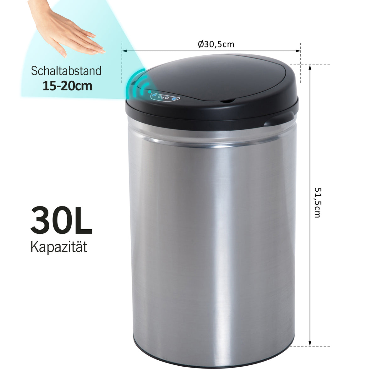 Sensor M¨¹lleimer 30L Automatischer M¨¹lleimer mit Soft-Close-Deckel, Bewegungssensor, Wasserdichter Abfalleimer M¨¹llbeh?lter Abfallbeh?lter f¨¹r B¨¹ro, Schlafzimmer, K¨¹chen Schwarz+Silber