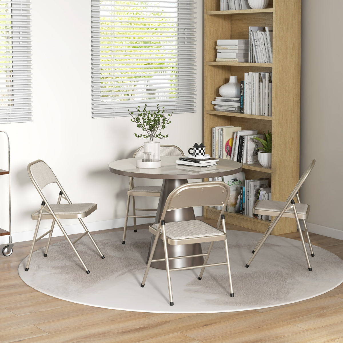 4er-Set Klappstühle, Tragbare Bürostühle, Stahlbeine, Faltstuhl für Büro, Empfang, Wartezimmer, Leinenoptik Beige