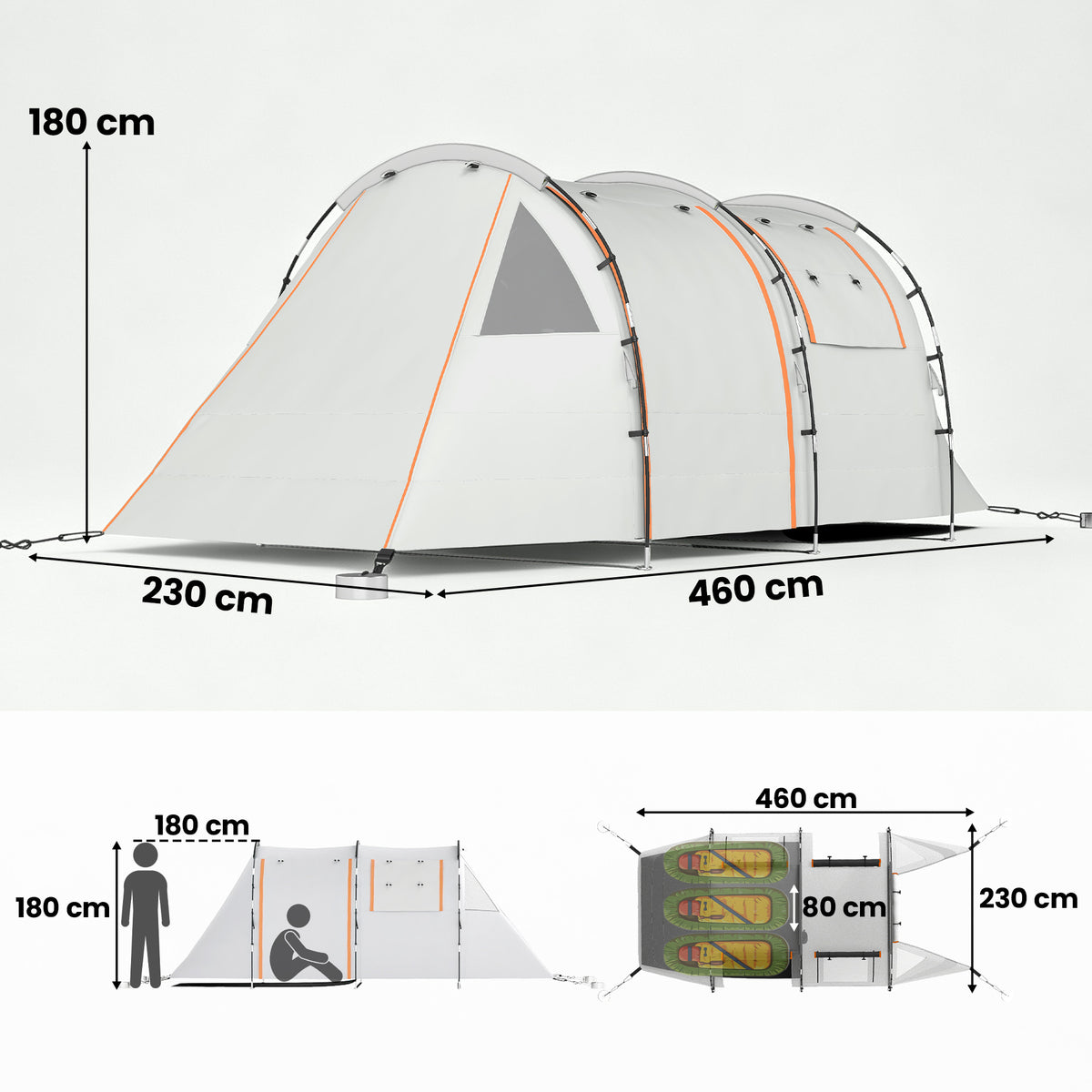 Campingzelt für 3 Pers., abdunkelbare Fenster, wasserdicht, 180H x 460L x 230B cm, Khaki/Orange
